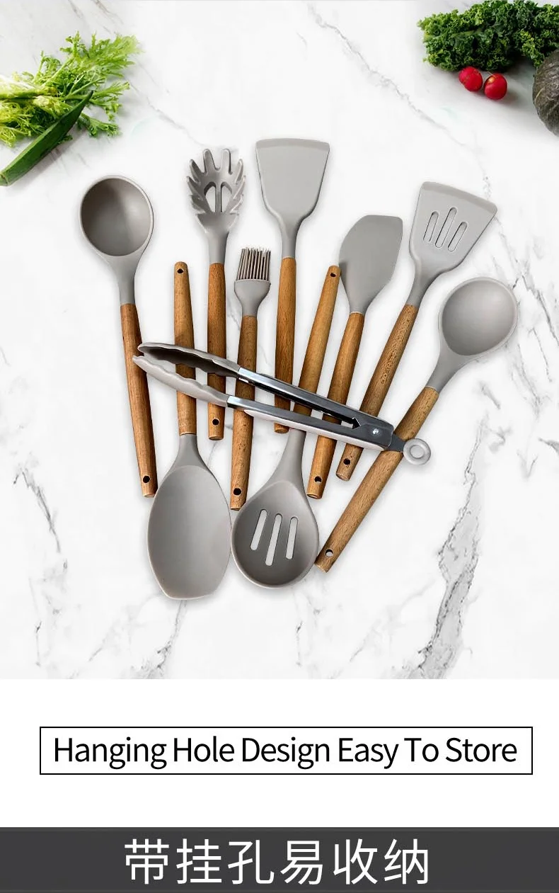 Non Toxic 12 pcs Cooking Tools Kitchenware Cocina Spatula Silicone Kitchen Utensils Set With Wooden Handles