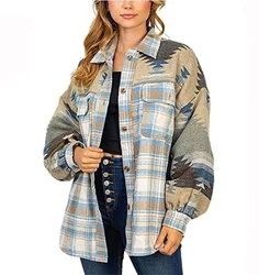 Women Fashion Button Pocket Woolen Coat Stylish Western Ethic Aztec Print Plaid Patchwork Jacket