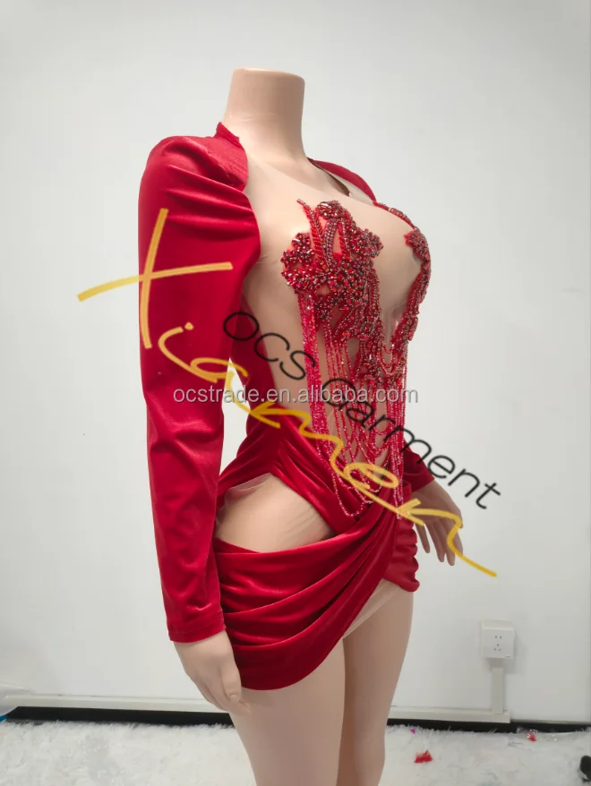 Ocstrade Ropa De Mujer Velvet Long Sleeve Rhinestone Min Birthday Dress Red Mesh See Through Elegant Evening Dress Club Party
