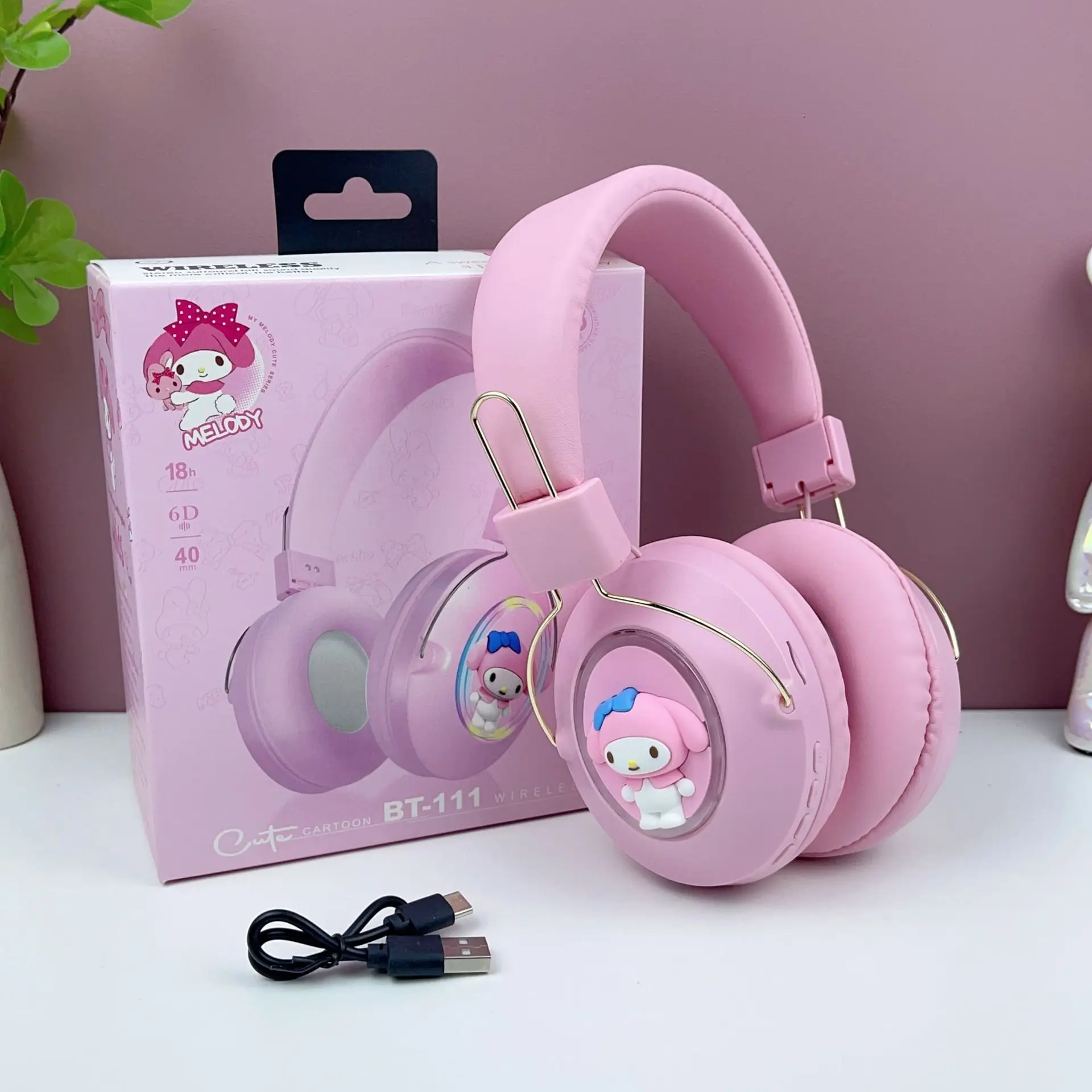 W-728 Cartoon Kuromi Blueteeth Audio Toys Cute Headband Bluetooth Sport Headset Light-emitting Headset