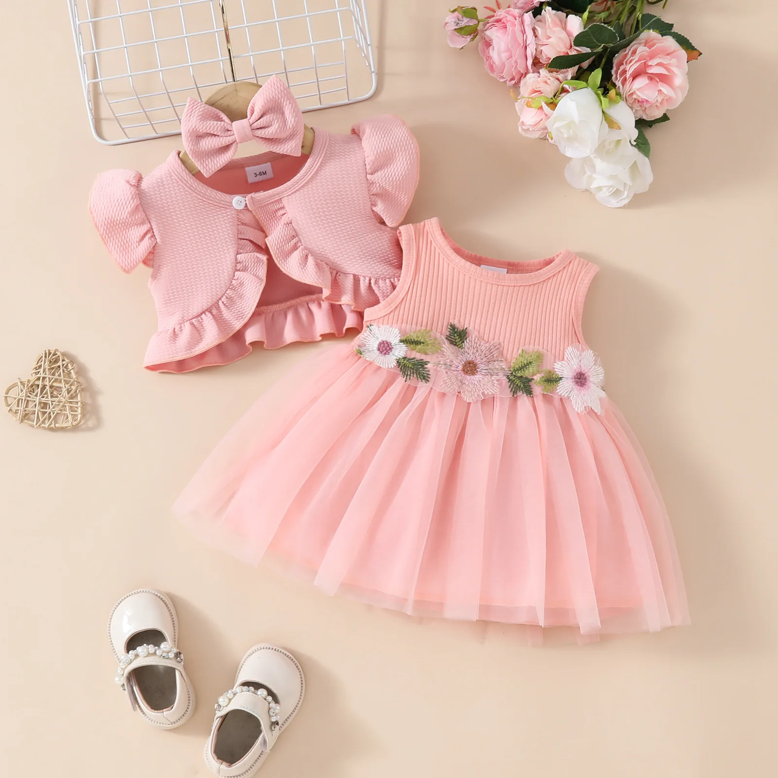 Hot Selling Summer Newborn Baby Sleeveless Girl Princess Dress Cute Kids Hair Band Kids Hair Band Mesh Dress +Coat 3pcs Sets