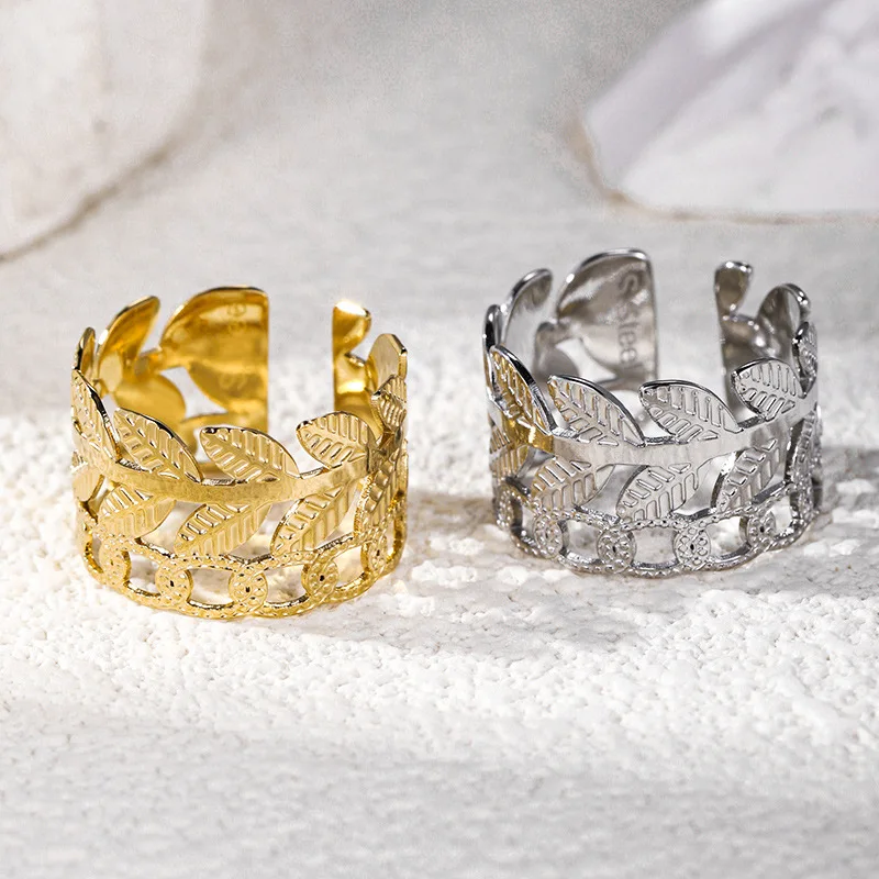 2024 New Trendy Wide Stainless Steel Leaf Open Rings 18K gold plated fashion Adjustable Finger Ring for Women
