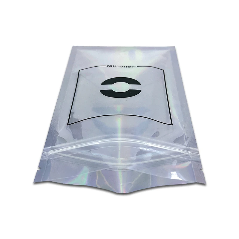 Customized hologram mylar bags zipper plastic jewelry makeup packaging transparent holographic bags