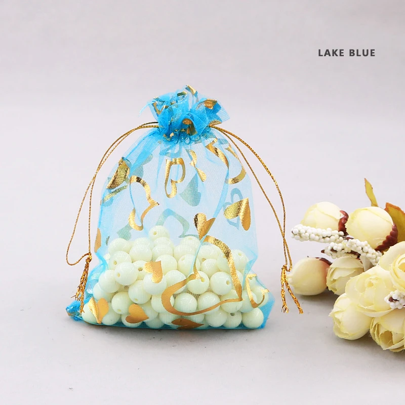 Ready to Ship Organza Bag 20x30 cm Gold Heart Print Small Gold String Gift Pouches Soap Net Drawer Bags Gift Packaging Bag