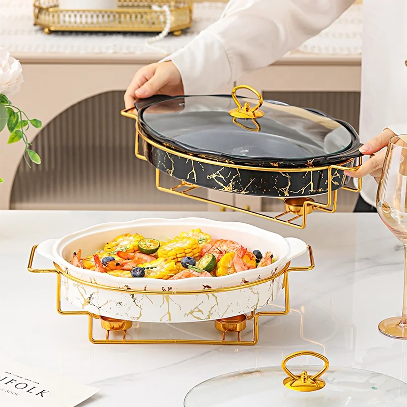 Новый продукт Золотая овальная форма кастрюля мраморный керамический буфетный суп с железной