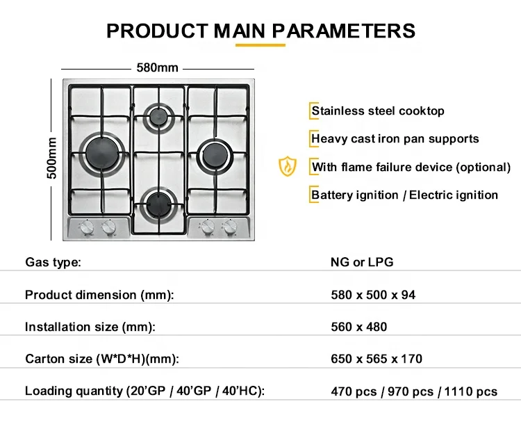 Kitchen Appliances 4 Burner Built In Gas Hob Electronic Ignition  Gaz Estufa With Saso Certificate
