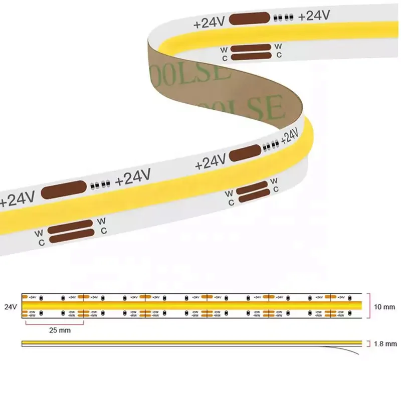 Dual color adjustable color temperature CCT 7+7W 24V 608LEDs 5/8/10mm three-colour LED COB strip light