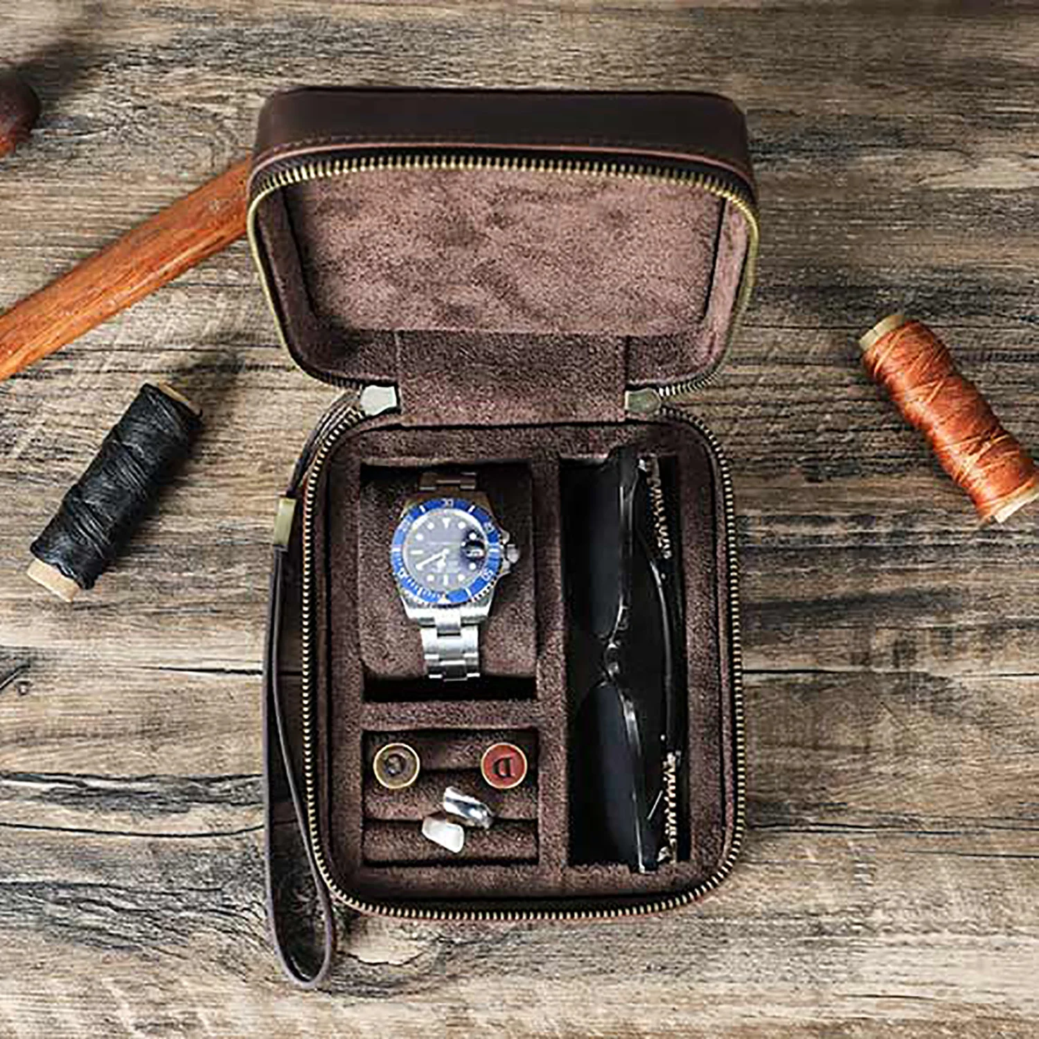 Luxury Leather Watch Storage Case Travel Jewelry Case Leather for Watch Rings Cufflinks Sunglasses Coffee Men Leather Jewellery