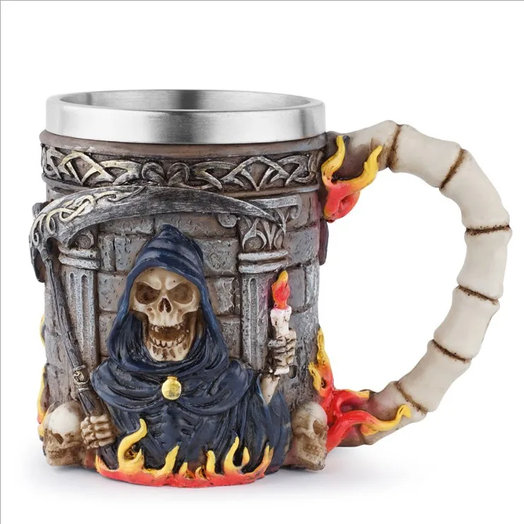 Wholesale 3D Stainless Steel Skeleton Cup For Halloween Creative Resin Skull Coffee Mug