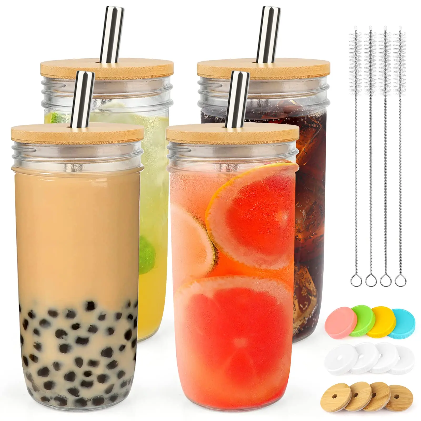 16oz 24oz Glass Mugs With Bamboo Lids and Glass Straw Cute Boba Glass Drinking Reusable Travel Tumblers for Iced Coffee