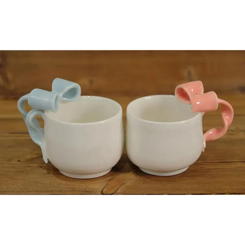 Ins new girly bow handle ceramic coffe cup Christmas Valentine Day couple gift set customized 3d cute mugs for girls