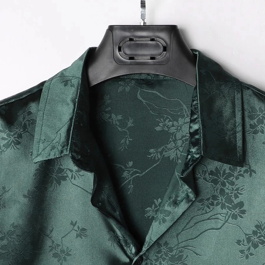 Custom Patterns Casual Turn-down Collar V-neck Flowery Embroidery 100% Satin Silk Shirt For Men