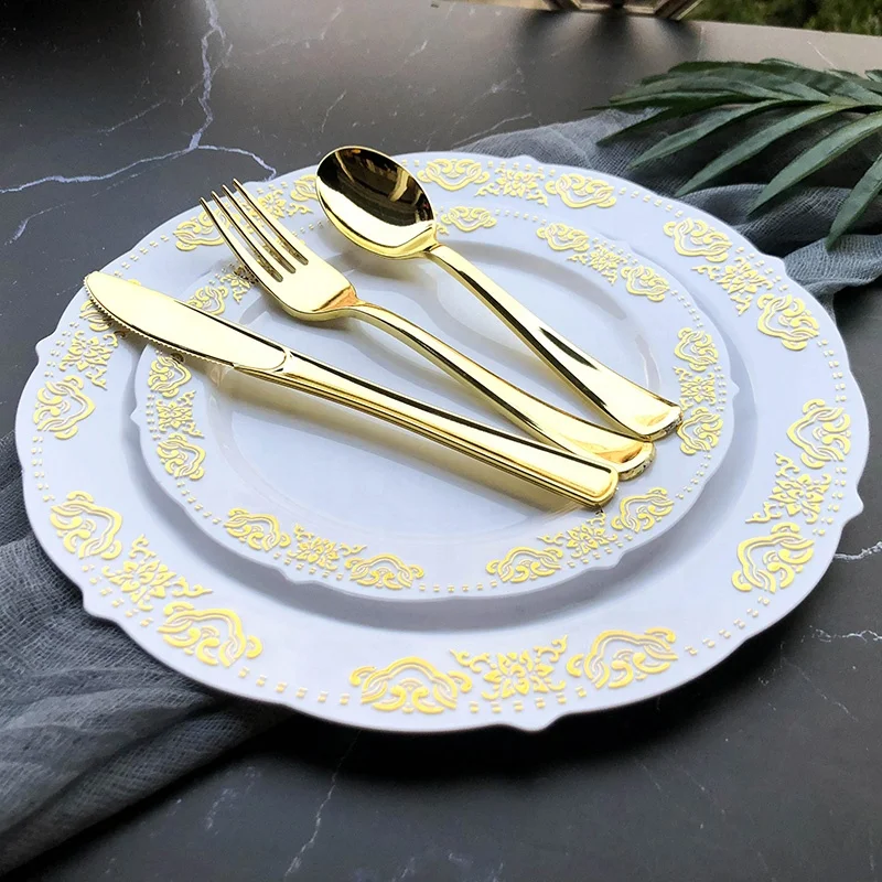 Premium Heavy Duty Disposable Plastic Wedding Gold Charger Plates Dishes & Plates
