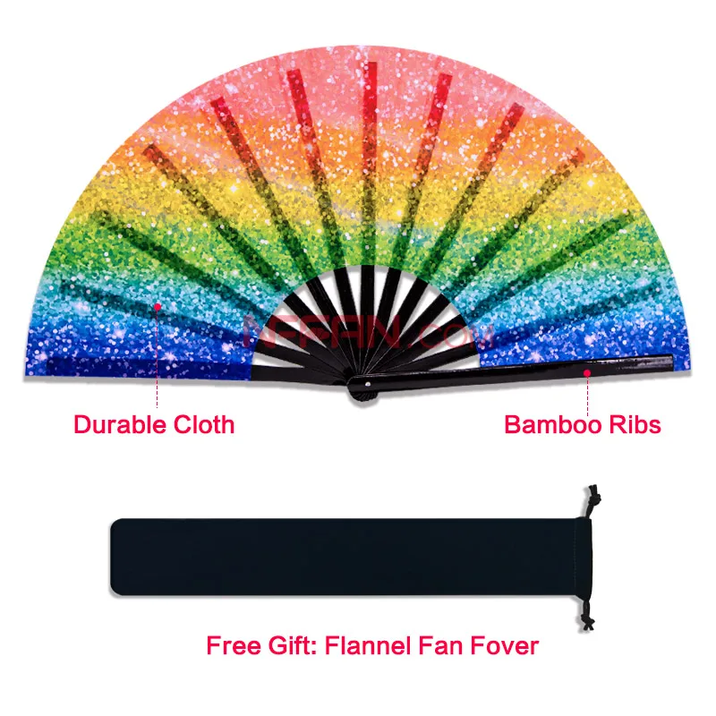 UV Reflective 33cm Large Bamboo Fabric Rave Hand Fan Disco Dancing Festival Clack Folding Fan