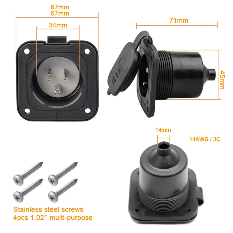 15A USA Inlet Plug 3PIN Nema 5-15 Straight Recessed Male Outlet RV Flanged Inlet Receptacle with cover