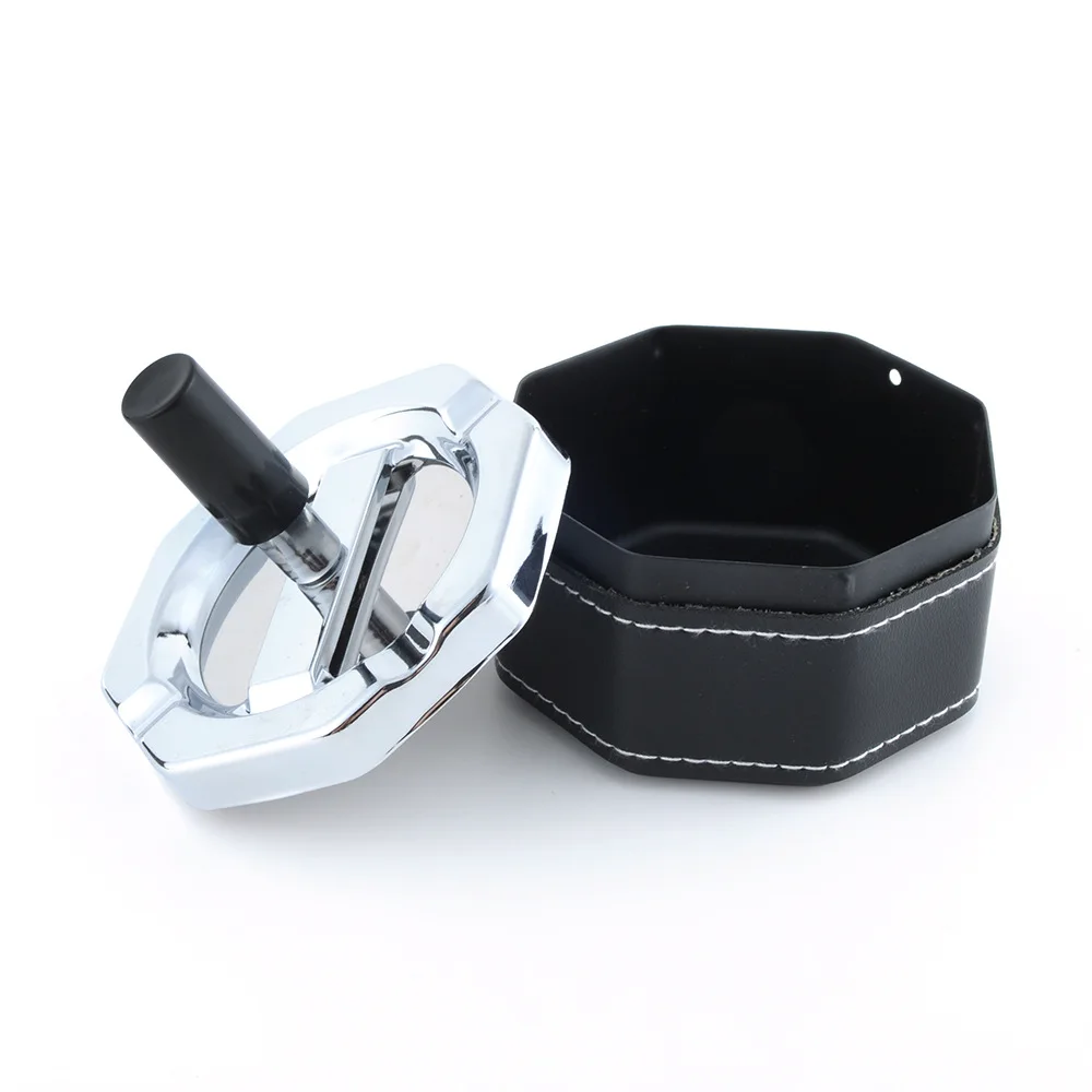 BEYOU Creative Outdoor Spin Metal Cigar Stainless Leather Ashtray Smoking Ash Tray With Lid