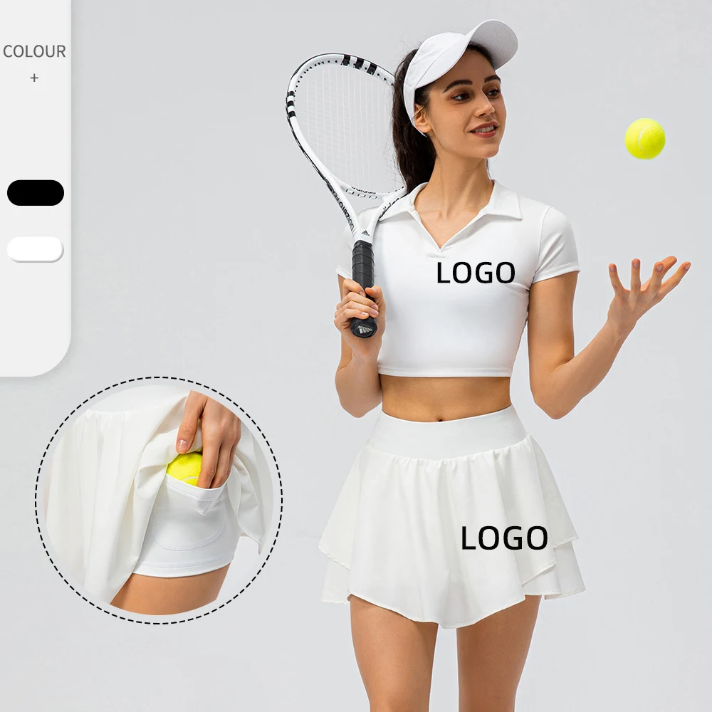 Blank Customize Hot Sale Women Sports Fitness Yoga Suit Short Sleeve Top Match Golf Tennis Set Mini Skirt 2 Piece Tracksuit