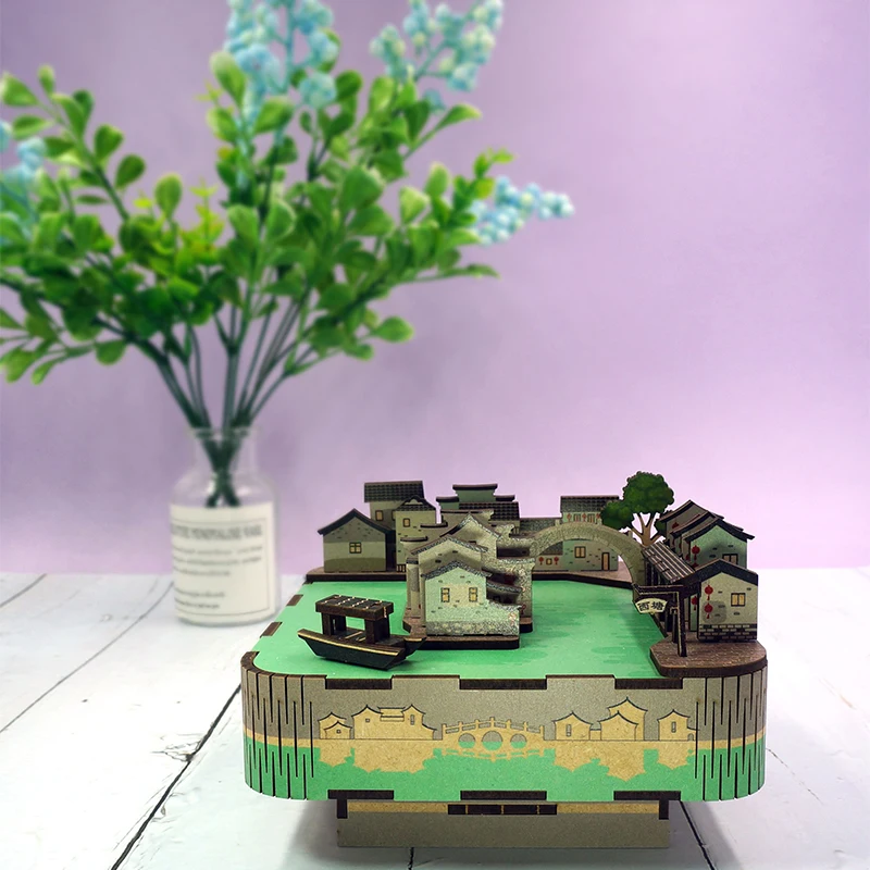 Tonecheer Water Town Chinese city souvenir 3d wooden puzzle music box