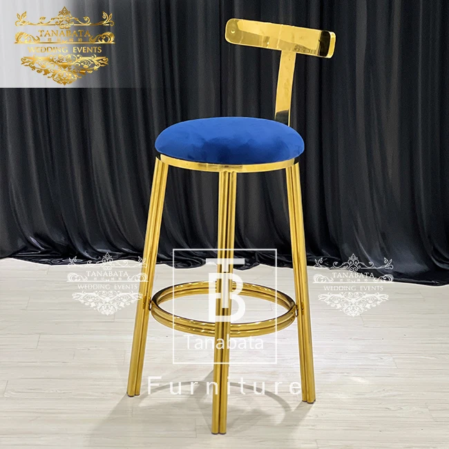 Blue velvet cushion golden frame wedding chairs steel frame bar stool