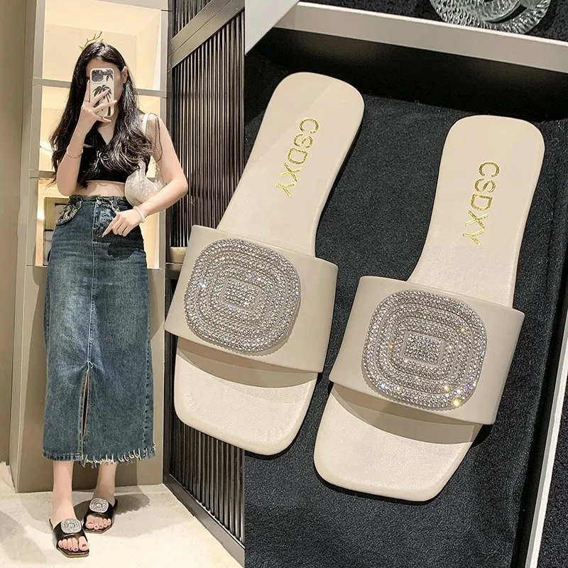 Foreign trade large size cross-border fashion square rhinestone slippers 2024 spring and summer cool outdoor beach slippers