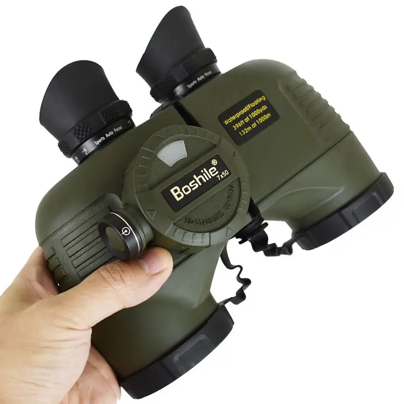 7X50 Porro Binoculars HD Marine Hunting Bird Watching Waterproof Telescope with Internal Rangefinder & Compass