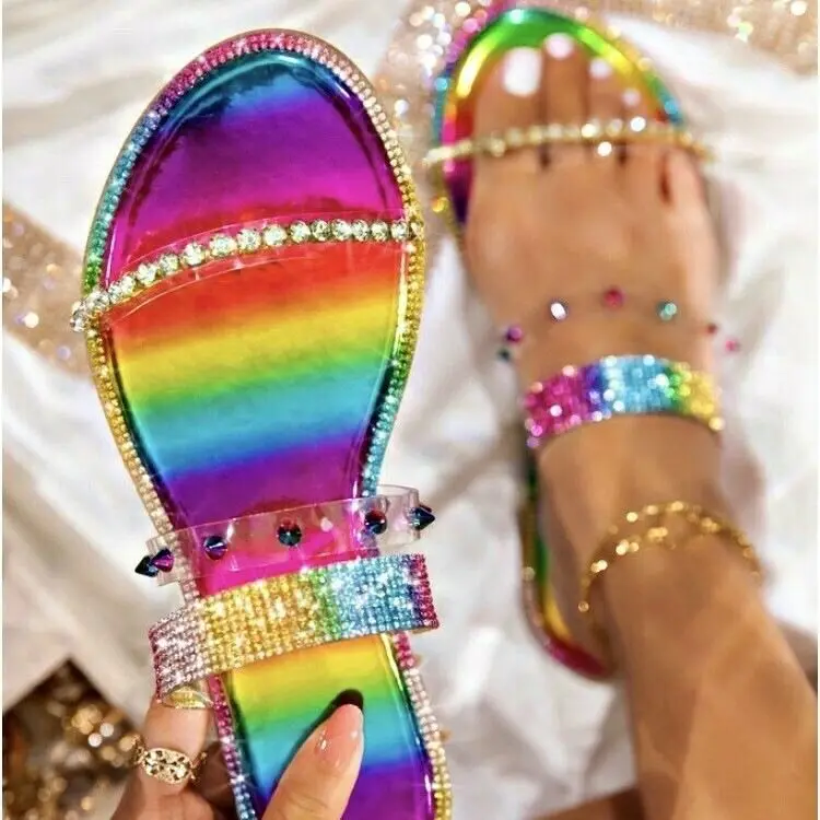 
Hot Sale Summer Women Rivet Candy Shoes Colors Rainbow Slip On Flat Sandals For Women Plus Size Slippers 