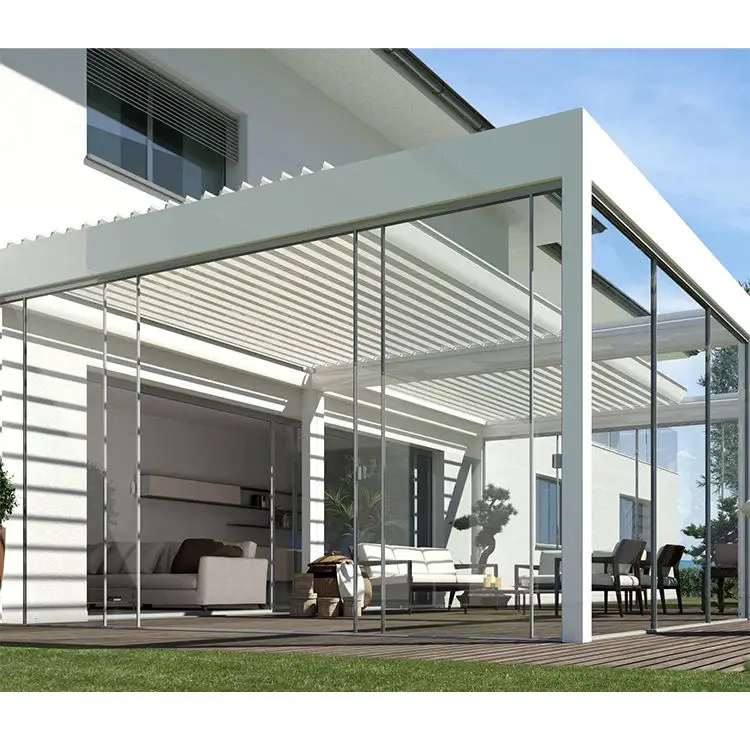 Customized Aluminum Bioclimatique Waterproof Sun Shade Motorized Sliding Canopy Awning Roof Louvered Pergola