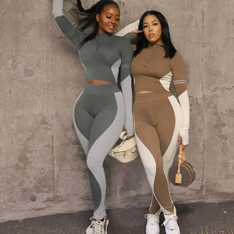 Ready to Ship Wholesale Fall Fashion Two Piece Sets Woman Patchwork Half Zipper Tracksuits Sportswear Pants 2 Piece Set Women