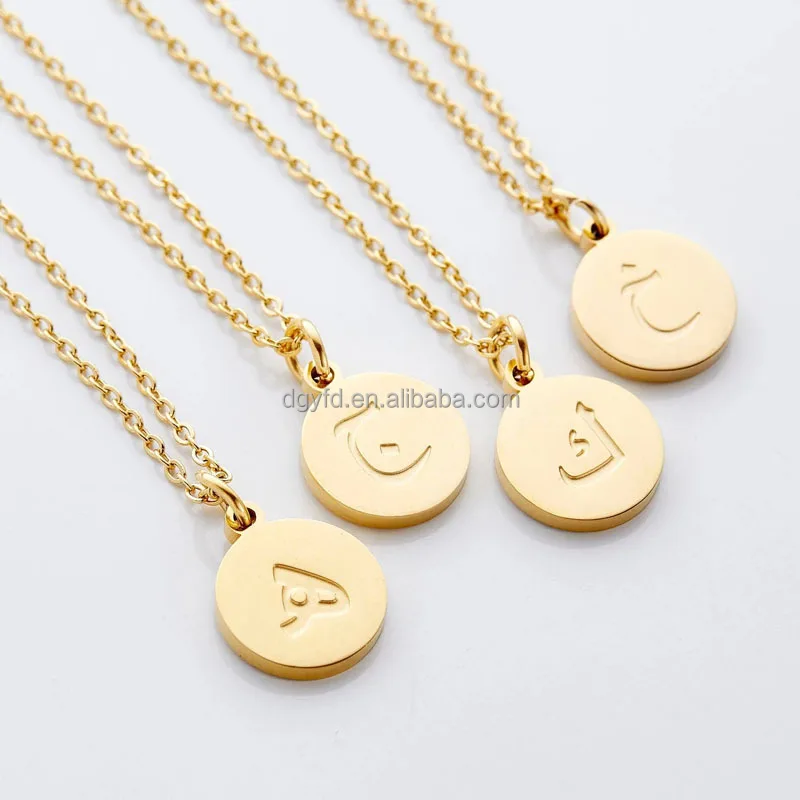 Custom Arabic Engraved Round Disc Coin Necklace 18K Gold Stainless Steel Jewelry Circle Tag Arabic Number Letter Necklace Women