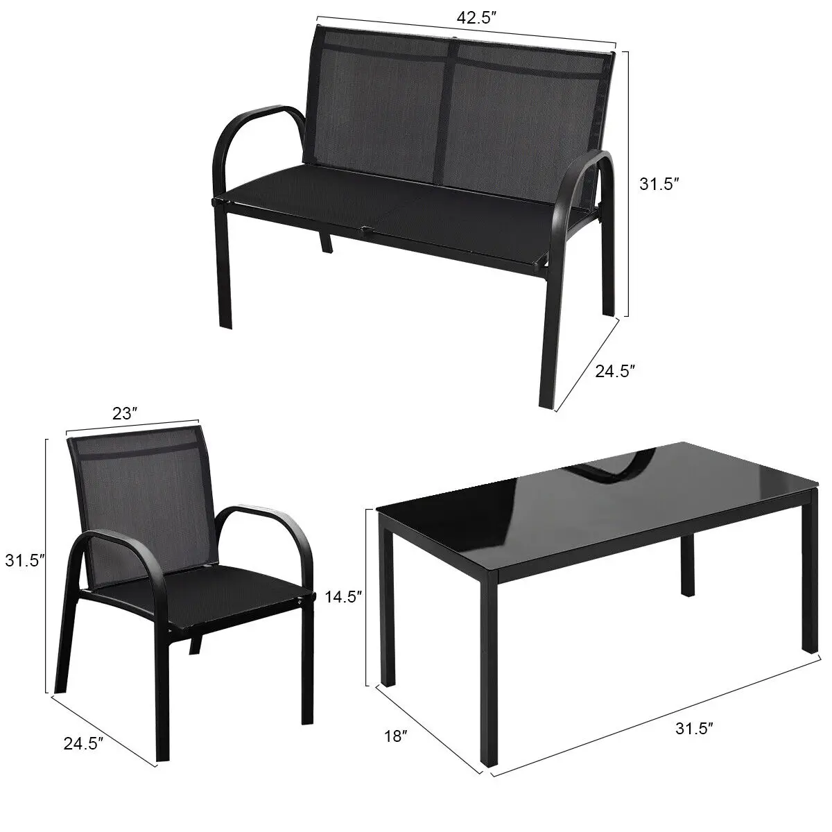 High quality square black luxury patio furniture set with superior glass tabletop