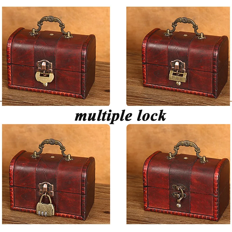 Antique Vintage Wooden Box  Small Metal Lock Jewelry Treasure Chest Handmade Retro Wood Organizer
