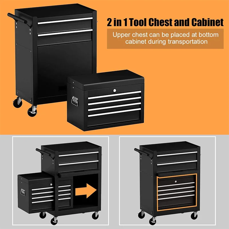 Lockable Wheels Sliding Drawers Rolling Tool Chest, Detachable Top 6-Drawer Tool Box Auto Locking Black Tool Storage Cabinet