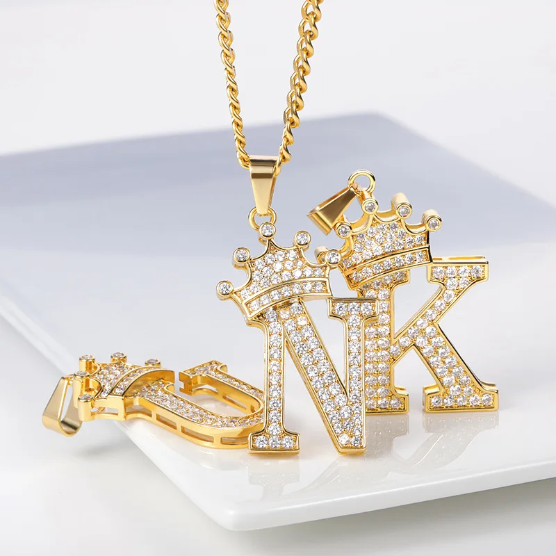 Custom 18k Gold Plated Hip Hop Stainless Steel Chain Zircon Alphabet Pendant Crown Initial Letter Necklace With Initials