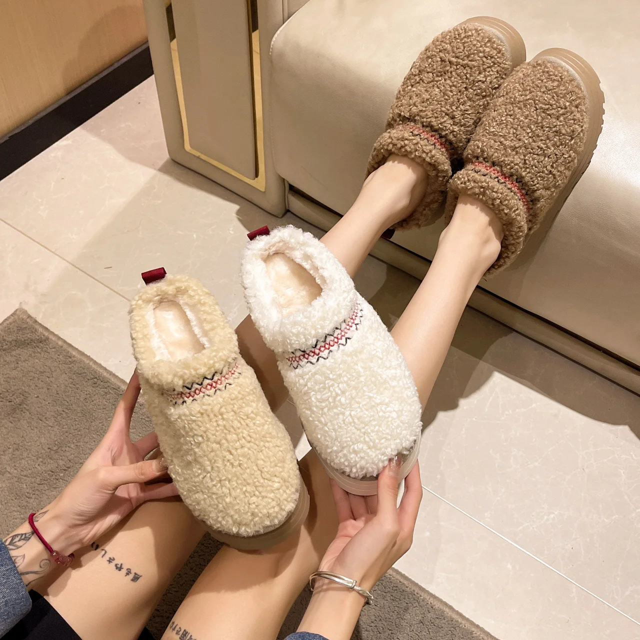 Famous Brand Winter Warm Snow Shoes for Women New Style Brown Platform Slippers Genuine Leather Lining Sheep Fur Comfortable