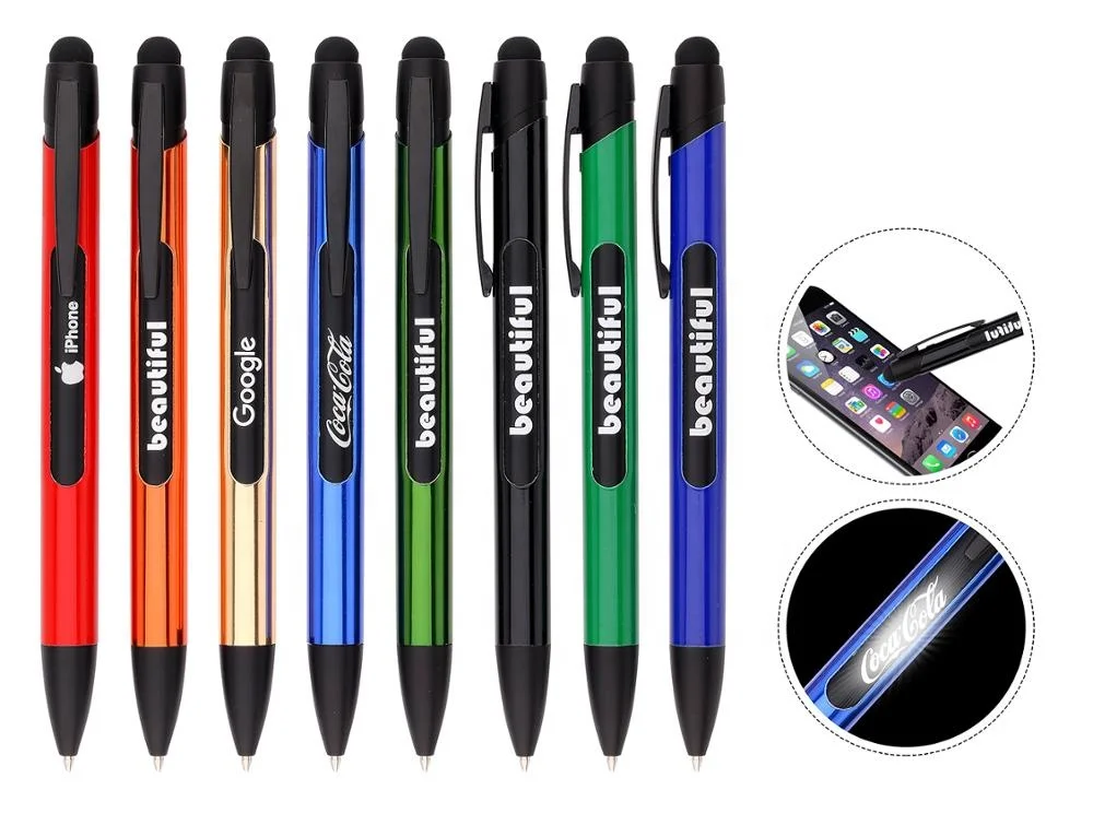 Wholesale 3 in 1 Personalized metal stylus blue ball pen multi functional promotional ballpoint pen with led light