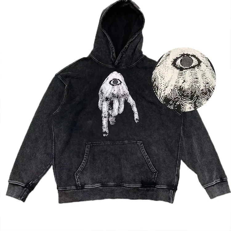 wholesale manufacture high quality heavy acid wash hoodie men 100% cotton vintage black hoodies custom 3d printed hoodies