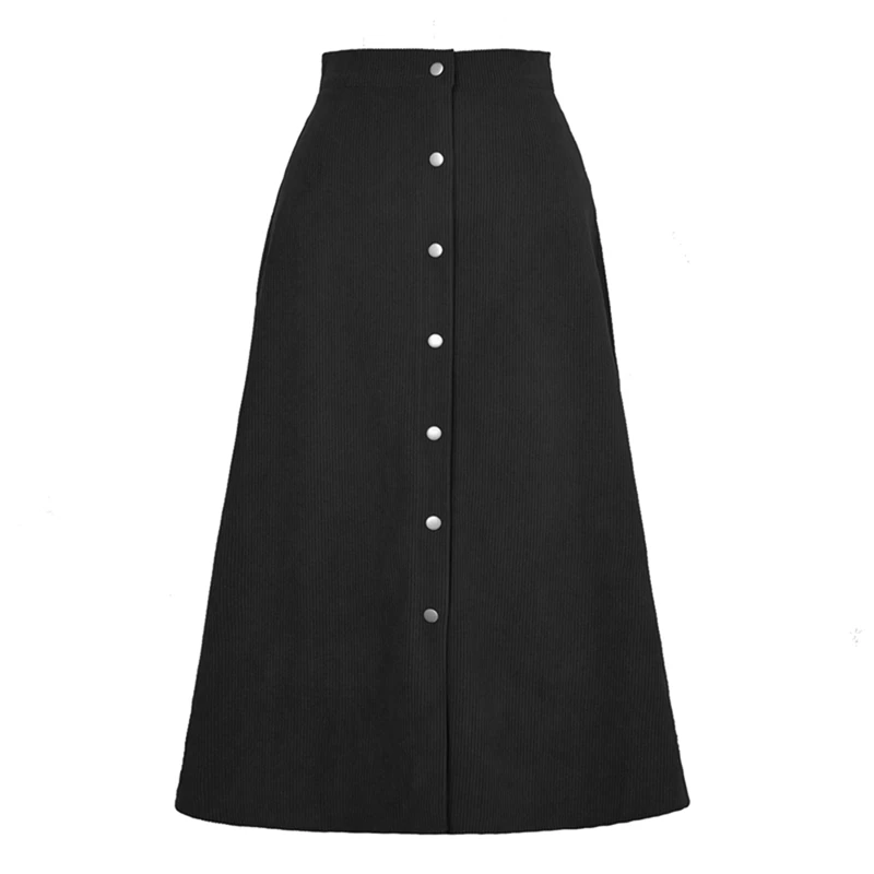 Channel Casual Women High Waist Button Front A Line Corduroy Midi Skirts Fall