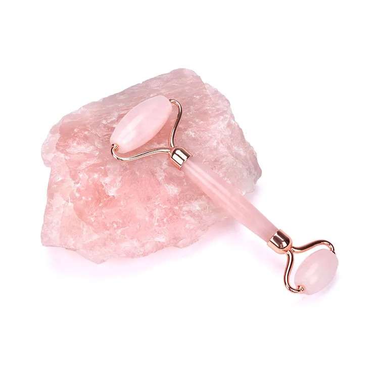 OEM logo Amazon face rose gold frame pink neck massage rose quartz facial roller with resin handle
