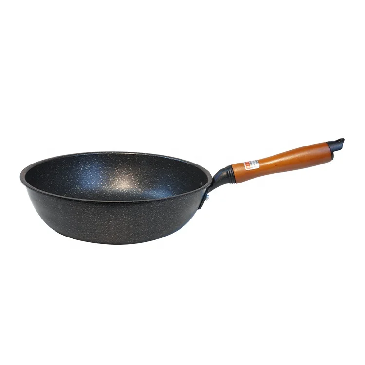 High Quality Non-stick Pan Synthetic Wooden Handle Cookware Medical Stone Non-stick Household Frying Pan Aluminum Color Box 1pcs