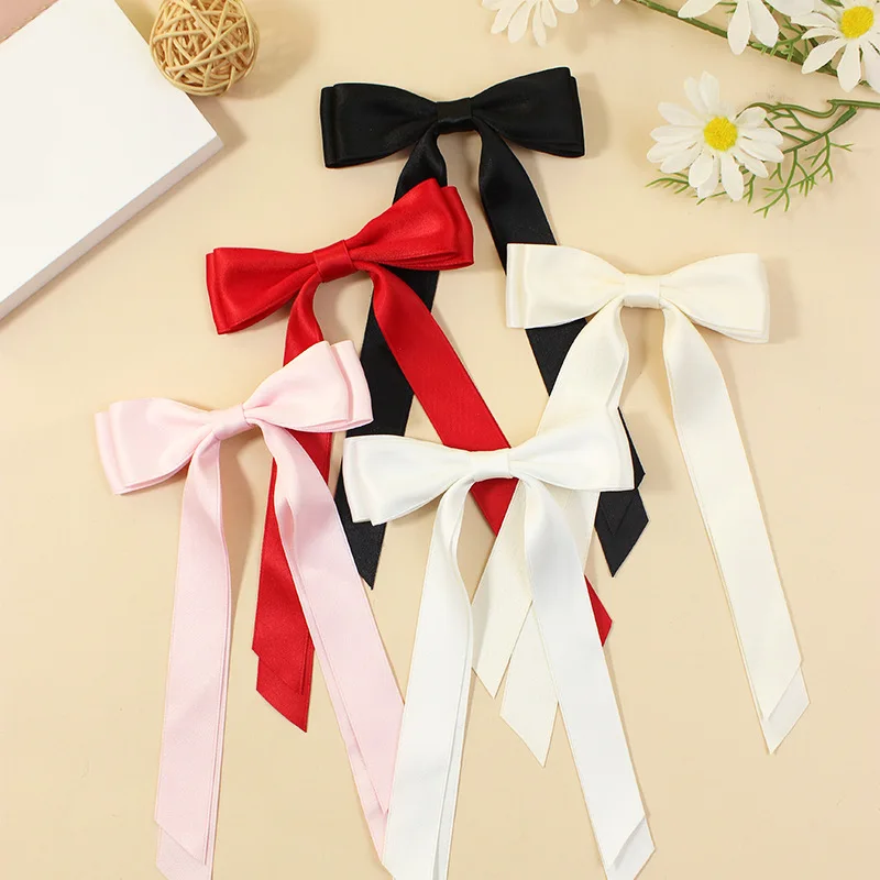 Wholesale Solid Color stain Bow Hair Accessories Double Layer Long Ribbon Bow Hair Clips For Women Girls