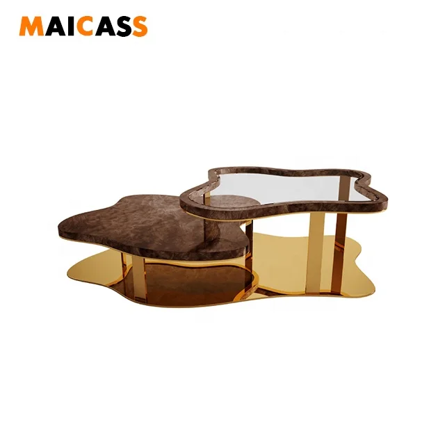 Полированный современный кофейный столик из древесного шпона с прозрачной стеклянной крышкой