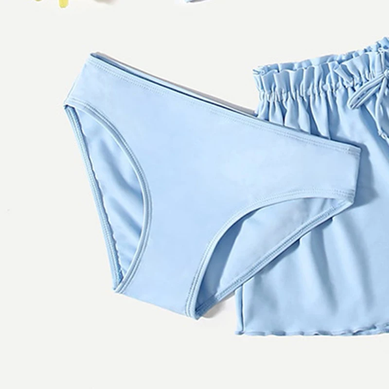 2024 Kids bikini swimsuit solid color tube top panty shorts three-piece set swimwear beachwear for girls