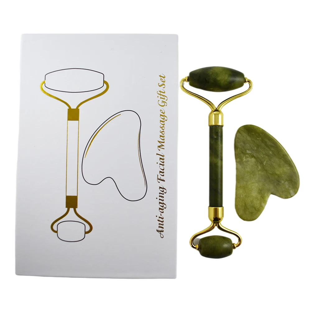 Wholesale Skin massage Body Scrapping Green Jade Roller Gua Sha Set Face Massage Jade Roller