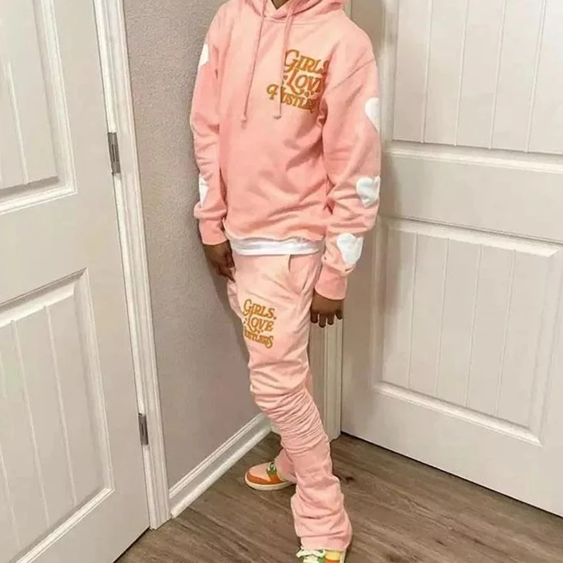 Clothing Manufacturers Custom Streetwear  French Terry Heavyweight Unisex Raw Hem Cropped Hoodie Flared Sweatpants Sweatsuit Men