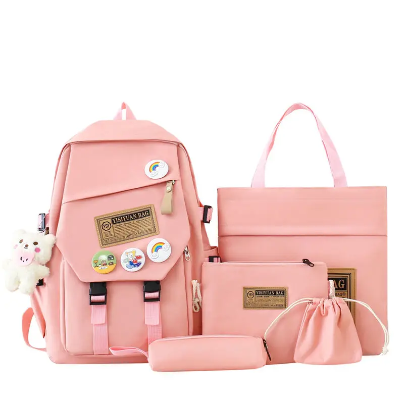 ODM New Arrival 5 In 1 Fashion Canvas College Student School Laptop Book Bag With Lunch Cooler Bag Pencil Cases Purse