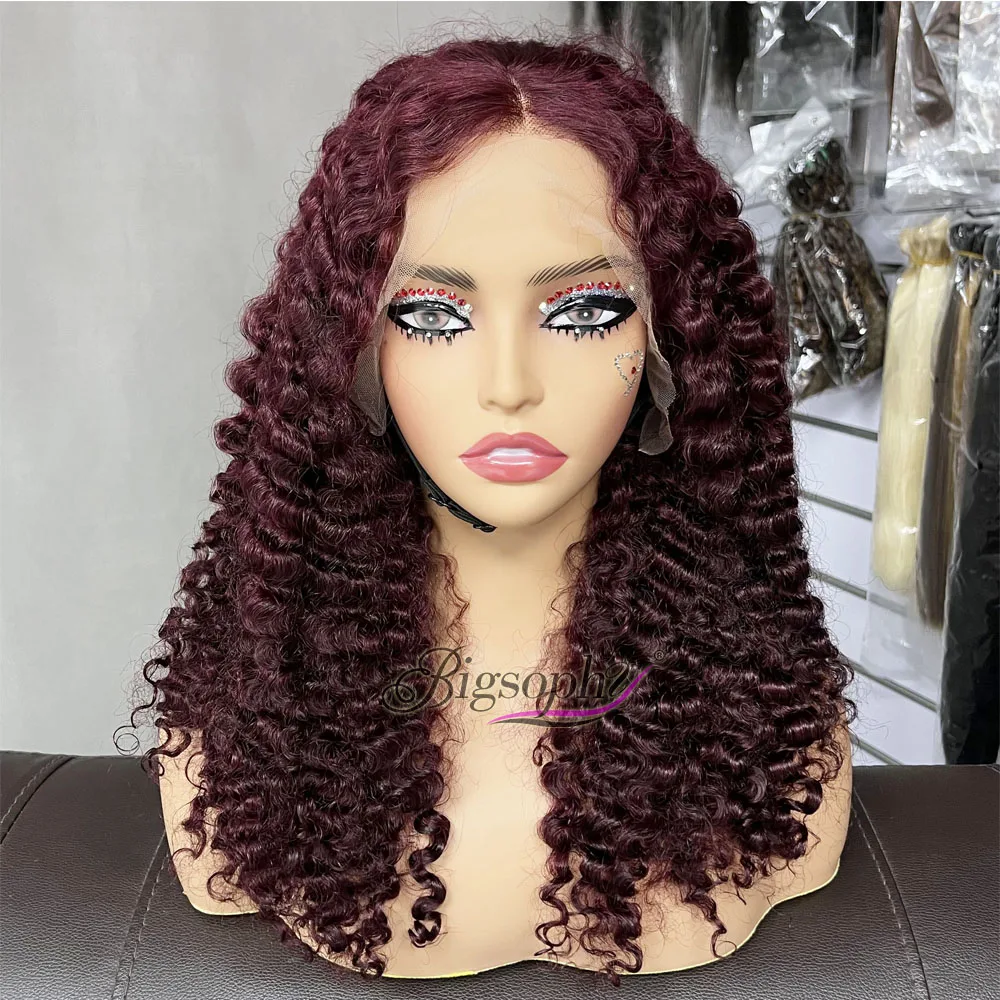 The Best Price Raw Hair Wigs Wine Colour 100% Human Hair Vendor,18Inches #99J Burmese Curls 13X4 Lace Frontal Wigs Ready To Ship