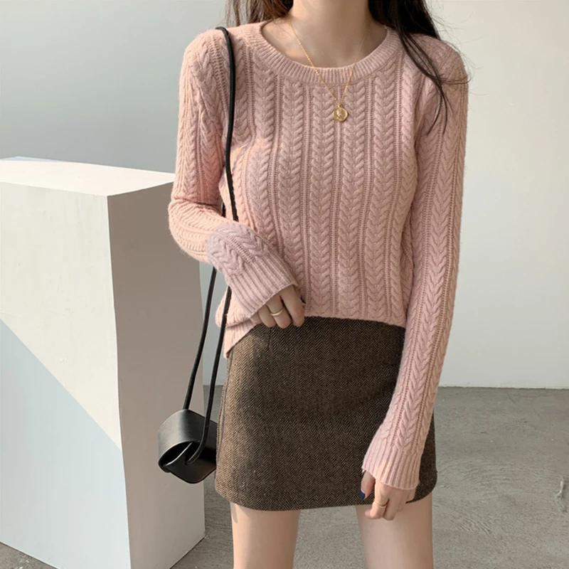 2021 new arrival woman tops fashionable crew neck long sleeve cable pullover vintage knit sweater