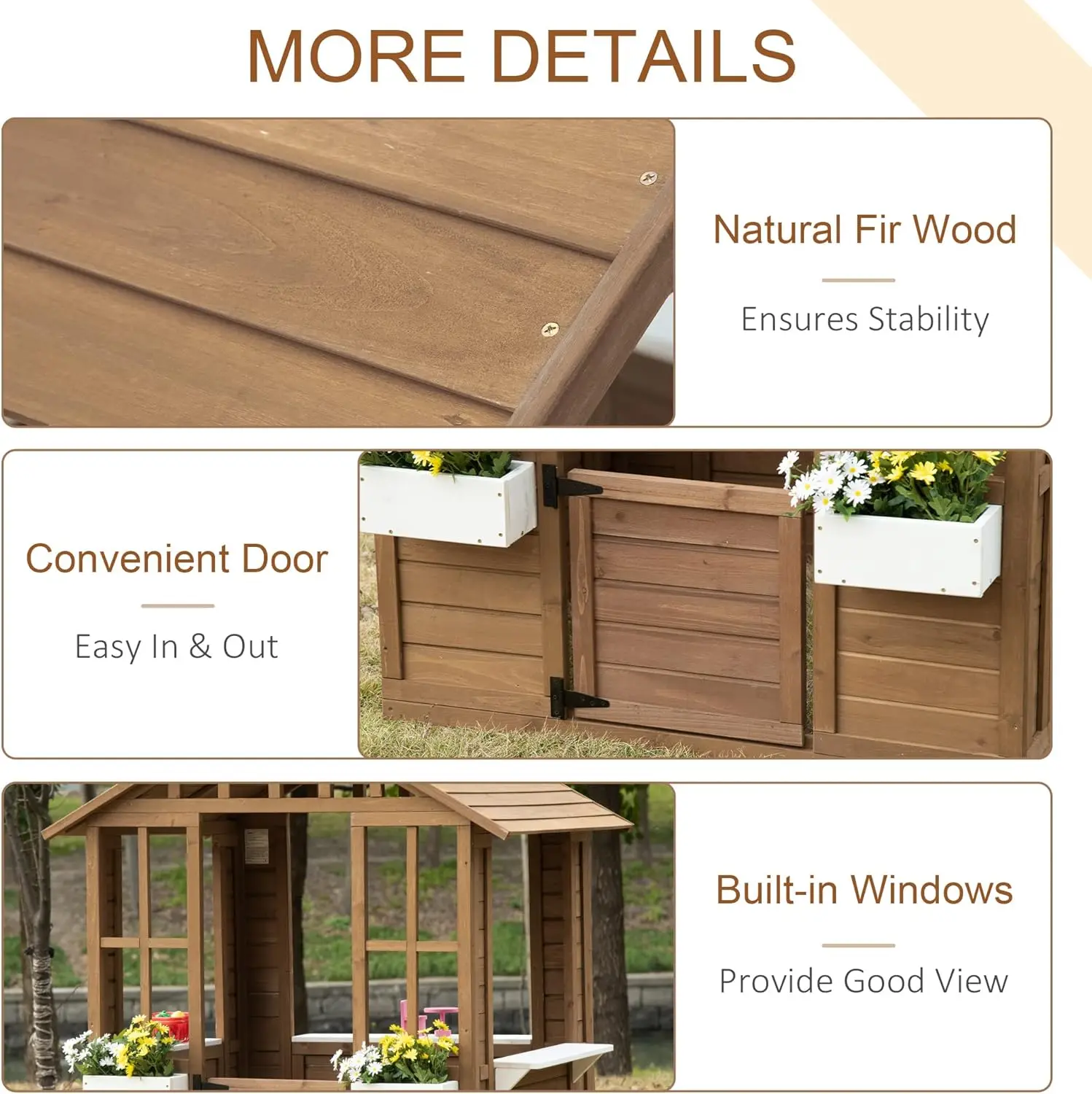 Kids Wooden Playhouse Outdoor Garden Games Cottage Play House with Working Door, Windows, Flowers Pot Holder