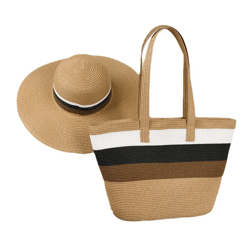 2024 New Beach Straw Hat Bag Two Piece Set Outdoor Sunshade Large Brim Hat Large Capacity Bag Sets