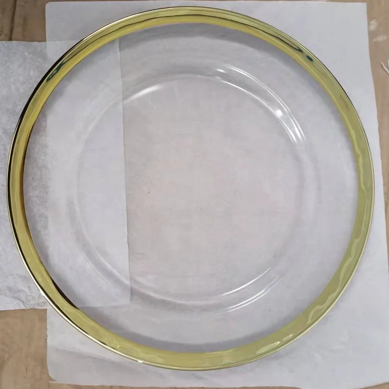 factory custom gold wide rim glass charger plate for wedding events table decorations/various colored wide rim tableware dishes